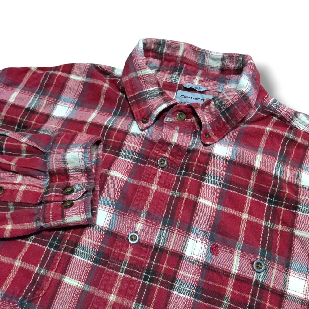 Carhartt Shirt Mens 2XL Red White Plaid Flannel Relaxed Fit Button Down Thick